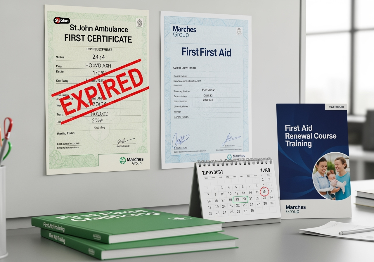 First aid certificate expired - renewal training materials and new certification ready for workplace compliance